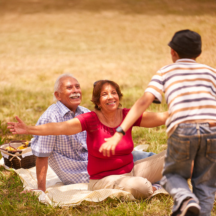 Grandparents Senior Couple Hugging Young Boy At Picnic