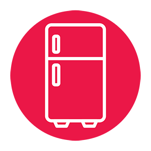 A circular icon with the outline of a refrigerator/freezer in white on a dark pink background.