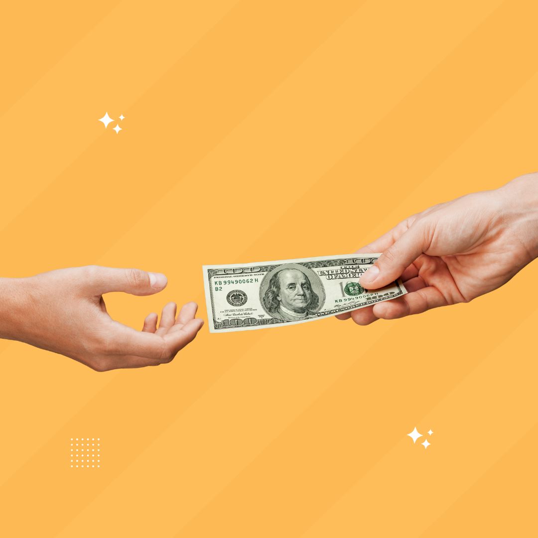 Money photo without logo One person handing $100 to another