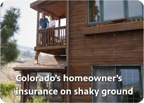 Homeowners on a balcony of a house with text "Colorado's homeowner's insurance on shaky ground"