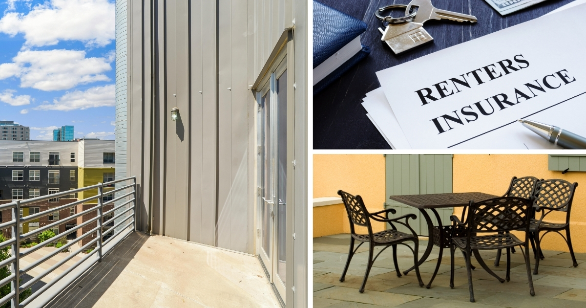 Collage of renter photos like a balcony, table with chairs, and a renters insurance form