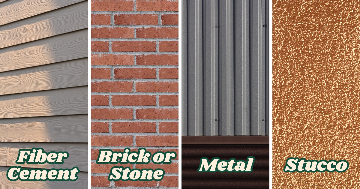 Side-by-side of siding types, in order from left to right: fiber cement, brick or stone, metal, and stucco